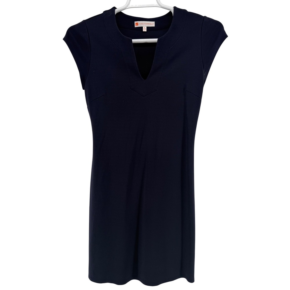 Jude Connally Navy Blue Notched V-Neck‎ Cap Sleeve Cinched Back Sheath Dress XS